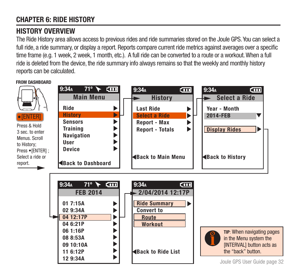Chapter 6: ride history history overview | PowerTap Joule GPS User Guide User Manual | Page 32 / 67