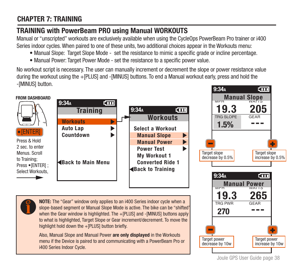 Training with powerbeam pro using manual workouts, Chapter 7: training, Training | Workouts | PowerTap Joule GPS User Guide User Manual | Page 38 / 67