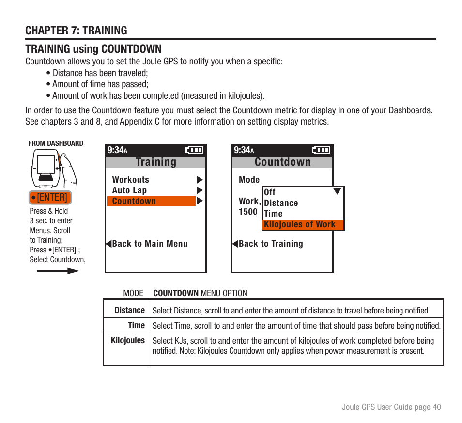 Chapter 7: training training using countdown, Training, Countdown | PowerTap Joule GPS User Guide User Manual | Page 40 / 67