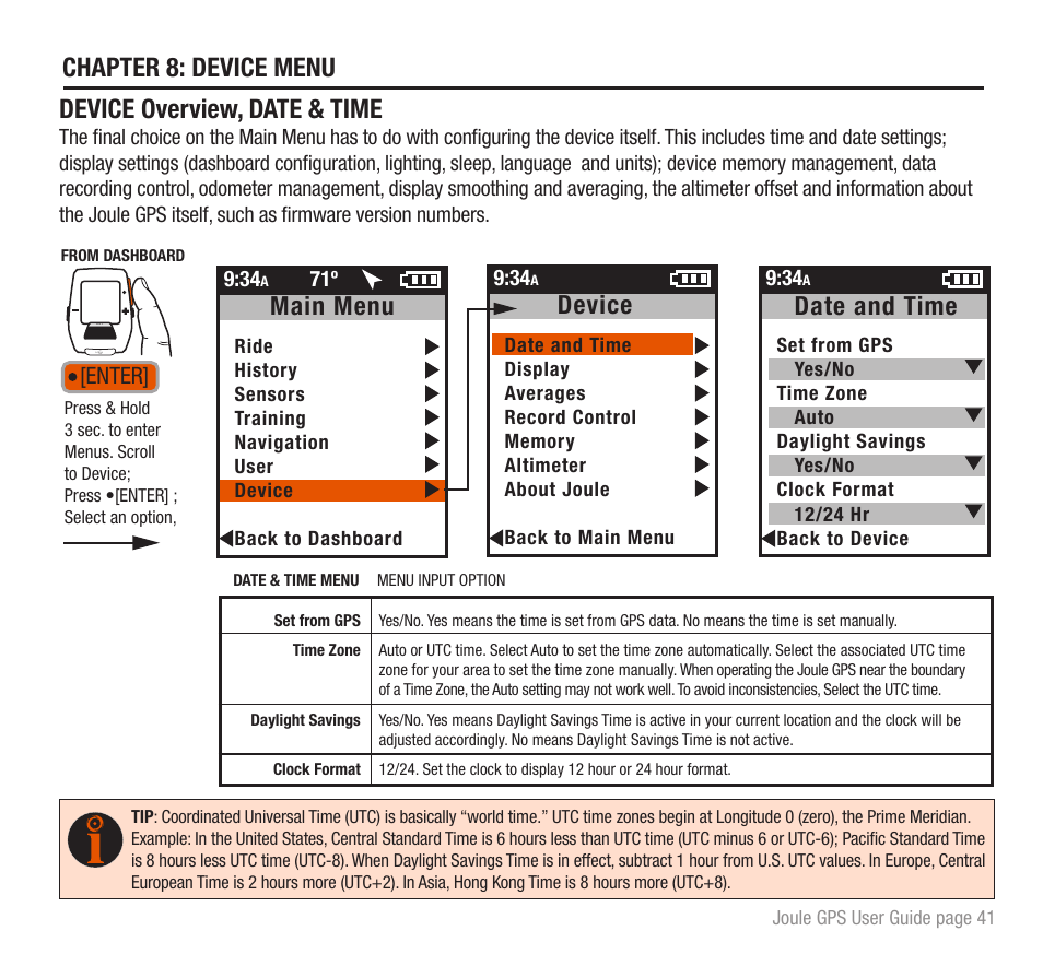 Chapter 8: device menu, Device overview, date & time, Main menu | Date and time, Device, Enter | PowerTap Joule GPS User Guide User Manual | Page 41 / 67