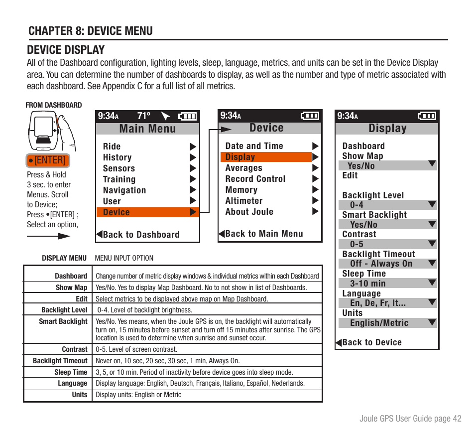 Chapter 8: device menu, Device display, Main menu | Display, Device, Enter | PowerTap Joule GPS User Guide User Manual | Page 42 / 67