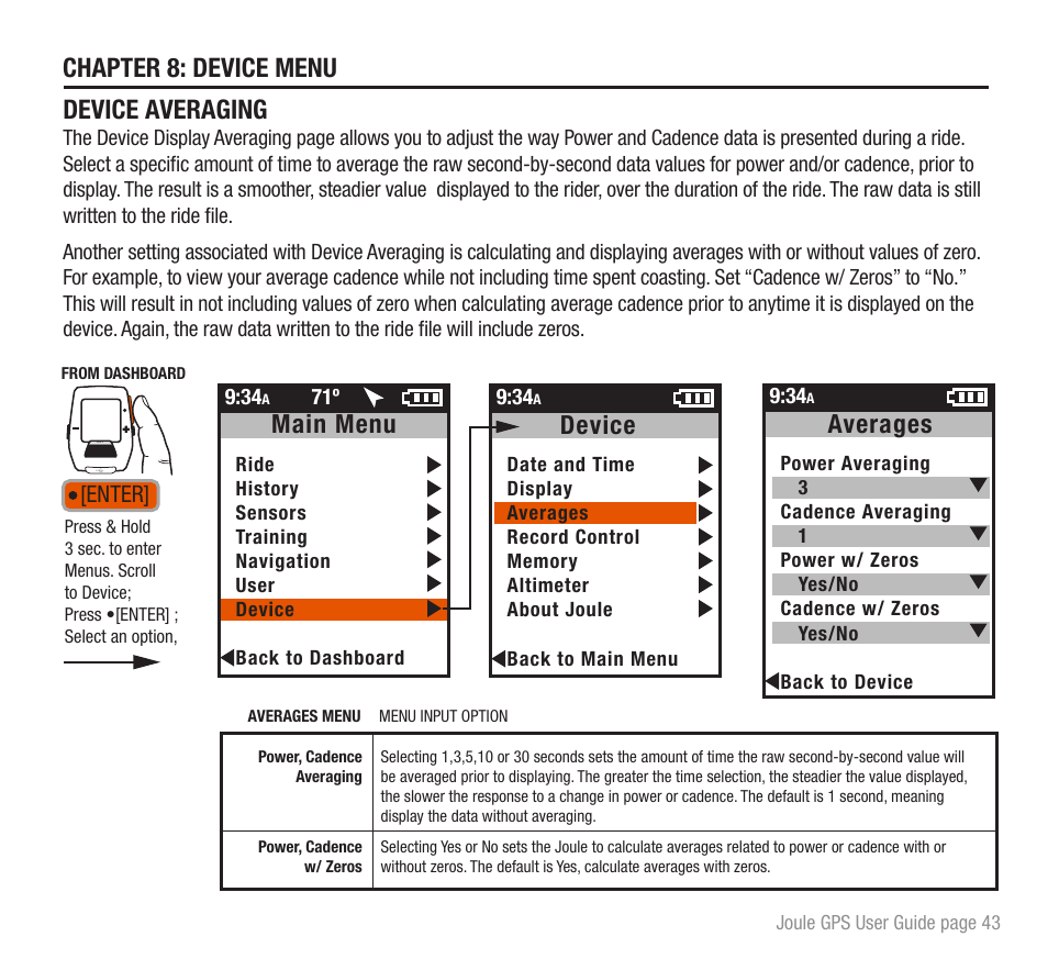 Chapter 8: device menu, Device averaging, Device | Main menu, Averages, Enter | PowerTap Joule GPS User Guide User Manual | Page 43 / 67