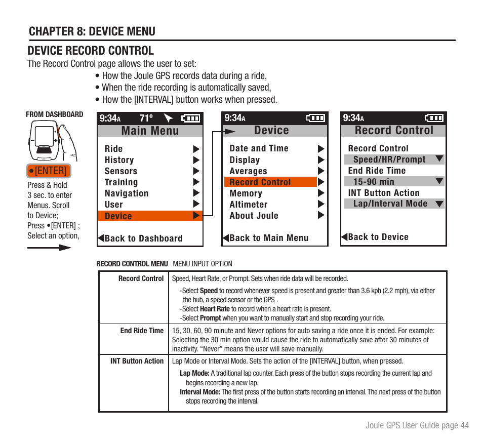 Chapter 8: device menu, Device record control, Main menu | Record control, Device, Enter | PowerTap Joule GPS User Guide User Manual | Page 44 / 67