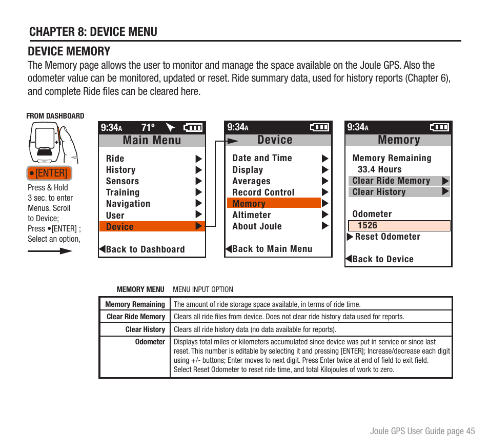 Main menu, Device, Enter | PowerTap Joule GPS User Guide User Manual | Page 45 / 67