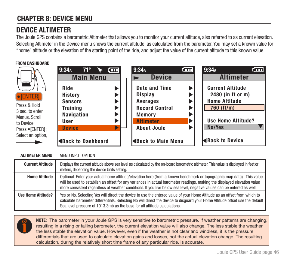 Chapter 8: device menu, Device altimeter, Main menu | Device, Altimeter, Enter | PowerTap Joule GPS User Guide User Manual | Page 46 / 67
