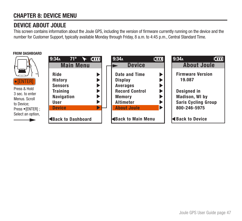 Chapter 8: device menu, Device about joule, Device | Main menu, About joule | PowerTap Joule GPS User Guide User Manual | Page 47 / 67