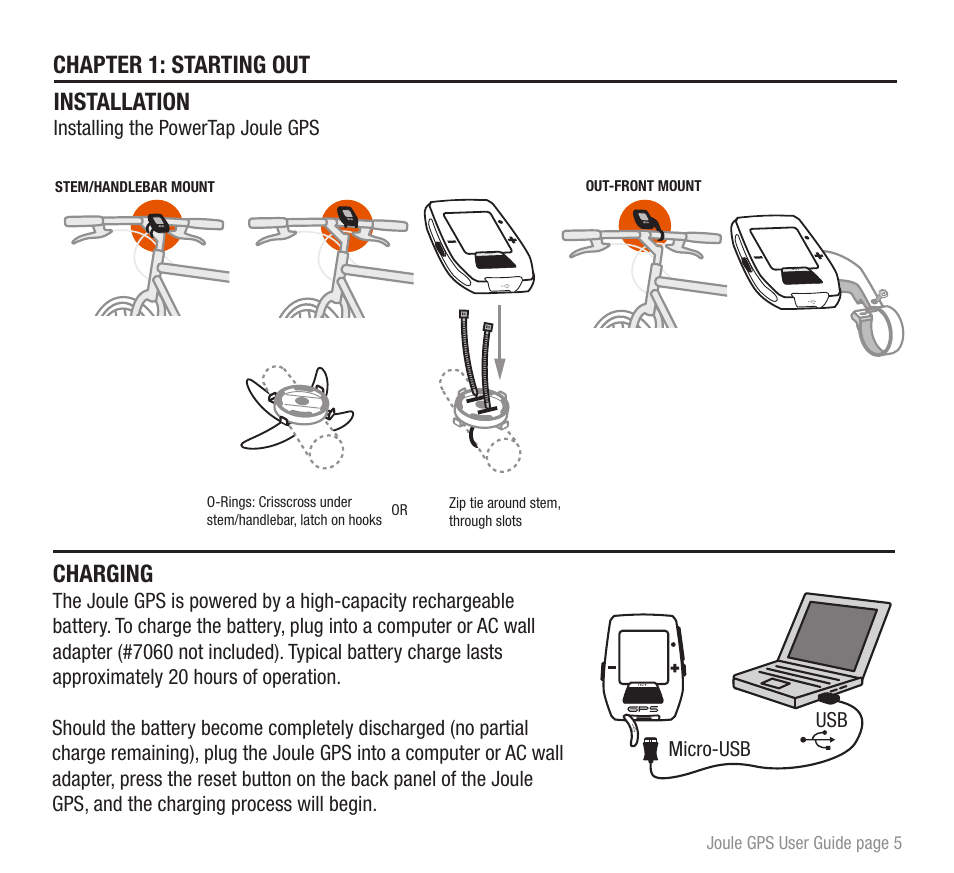 Charging, Installation, Chapter 1: starting out | Installing the powertap joule gps, Micro-usb usb | PowerTap Joule GPS User Guide User Manual | Page 5 / 67