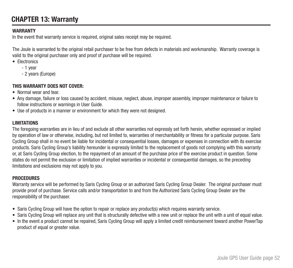 Chapter 13: warranty | PowerTap Joule GPS User Guide User Manual | Page 52 / 67