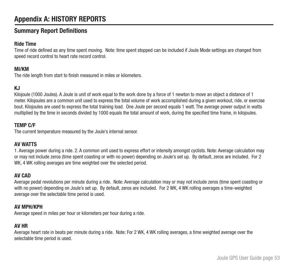 Appendix a: history reports | PowerTap Joule GPS User Guide User Manual | Page 53 / 67