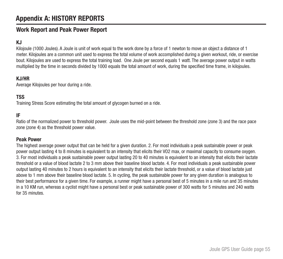 Appendix a: history reports | PowerTap Joule GPS User Guide User Manual | Page 55 / 67