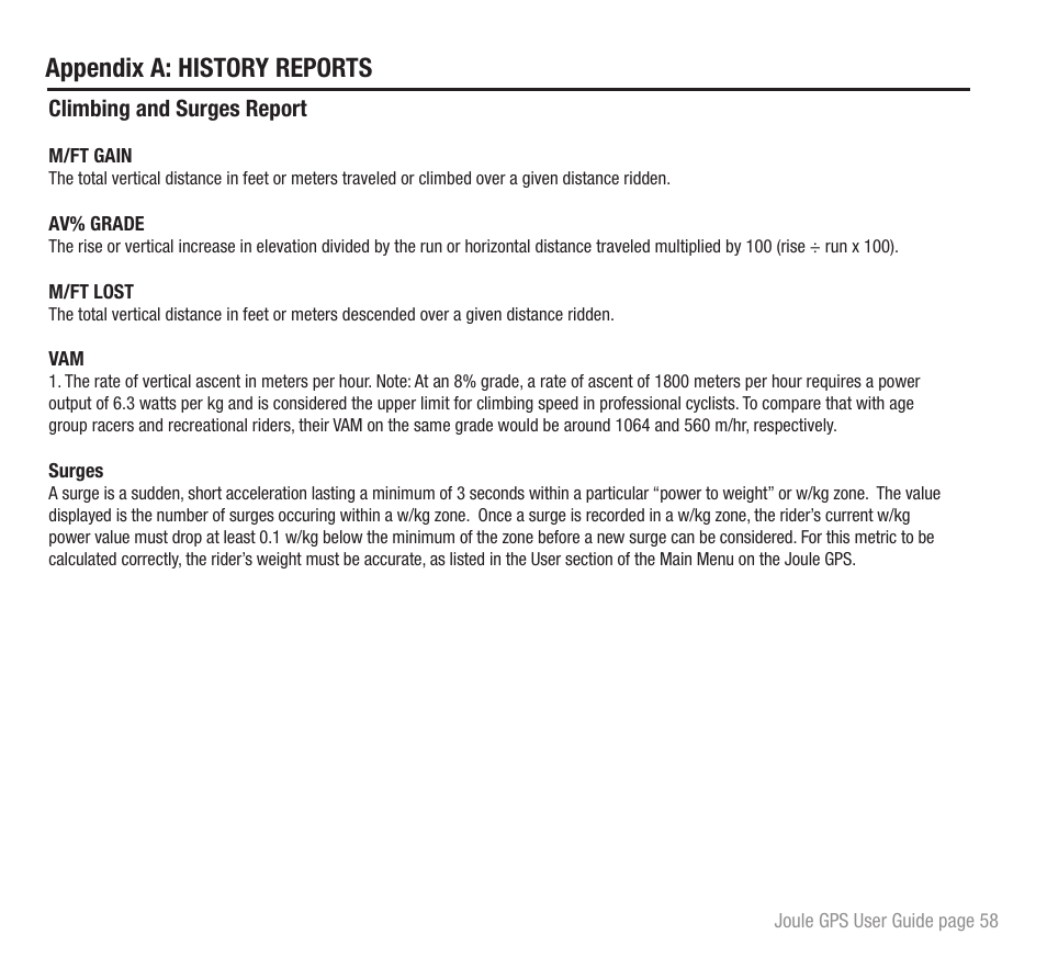 Appendix a: history reports | PowerTap Joule GPS User Guide User Manual | Page 58 / 67