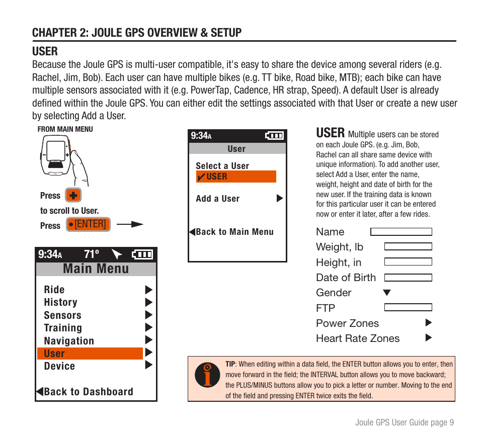 User, Main menu, Chapter 2: joule gps overview & setup user | PowerTap Joule GPS User Guide User Manual | Page 9 / 67