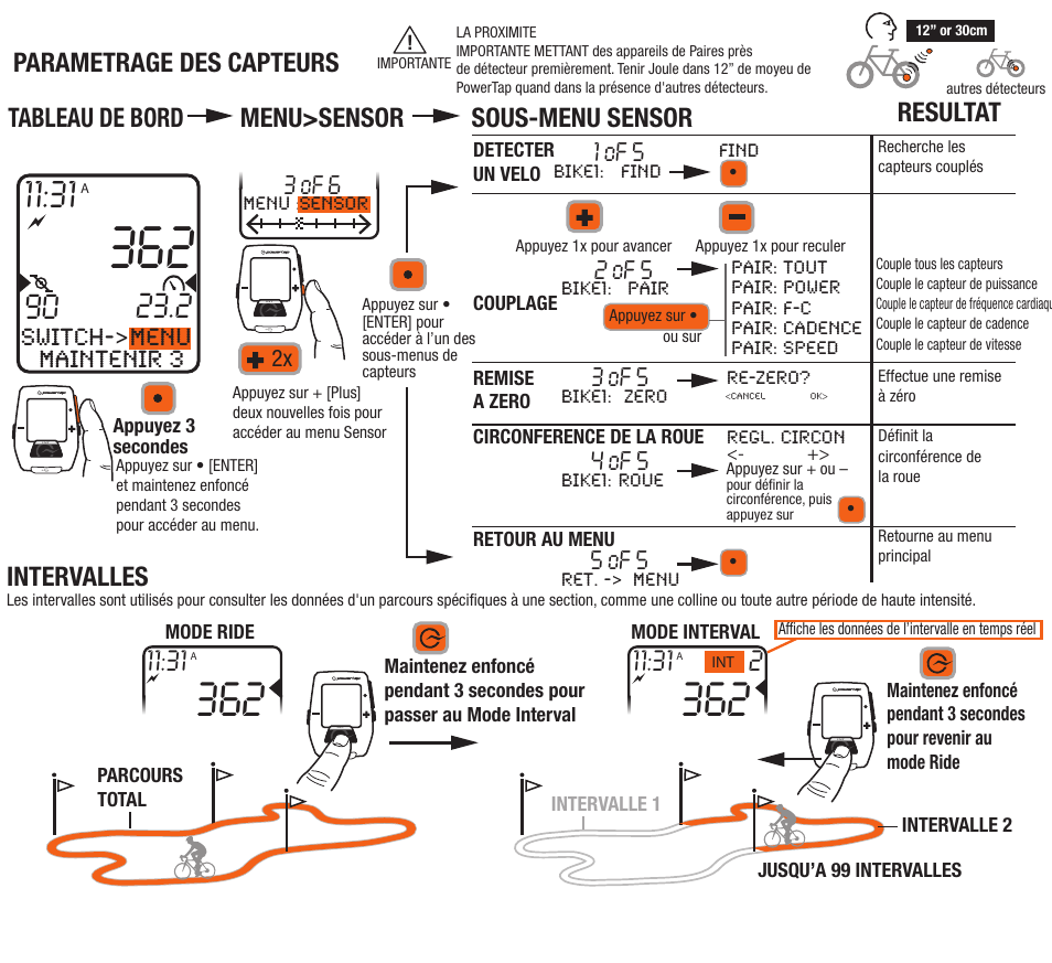 Intervalles, Parametrage des capteurs, Menu | Switch->menu maintenir 3, 3 of 6, 1 of 5, 2 of 5, 3 of 5, 4 of 5, 5 of 5 | PowerTap Joule Quick Start User Manual | Page 11 / 24