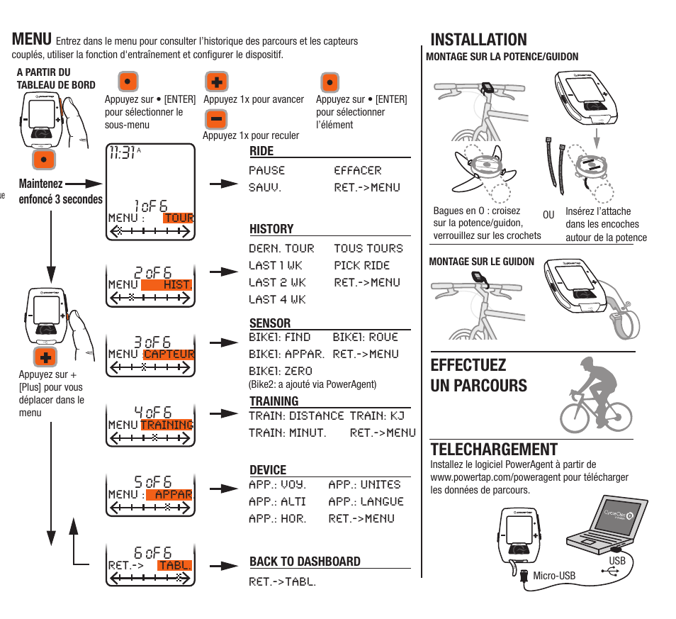 Telechargement, Installation, Menu | Effectuez un parcours, 1 of 6, 2 of 6, 4 of 6, 3 of 6, 5 of 6, 6 of 6 | PowerTap Joule Quick Start User Manual | Page 12 / 24