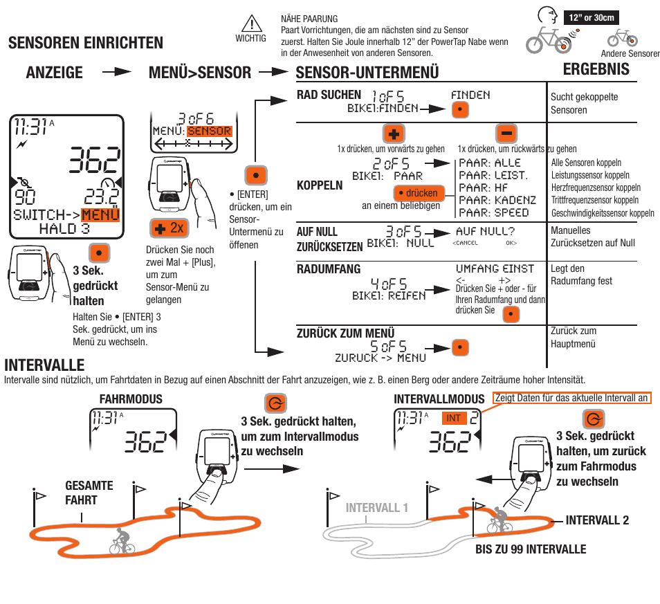 Intervalle, Sensoren einrichten, Anzeige menü>sensor sensor-untermenü ergebnis | Menü, Switch->menü hald 3 | PowerTap Joule Quick Start User Manual | Page 15 / 24