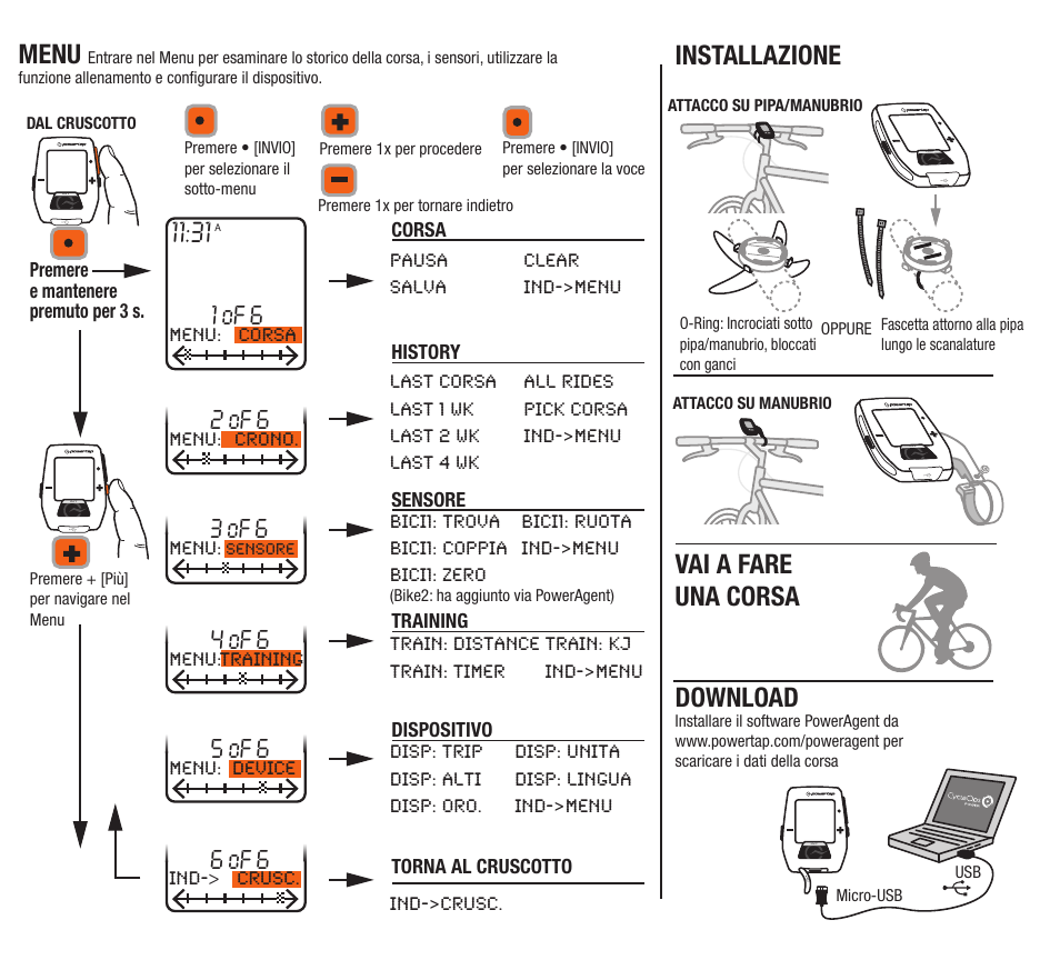 Download, Installazione, Menu | Vai a fare una corsa, 1 of 6, 2 of 6, 4 of 6, 3 of 6, 5 of 6, 6 of 6 | PowerTap Joule Quick Start User Manual | Page 20 / 24