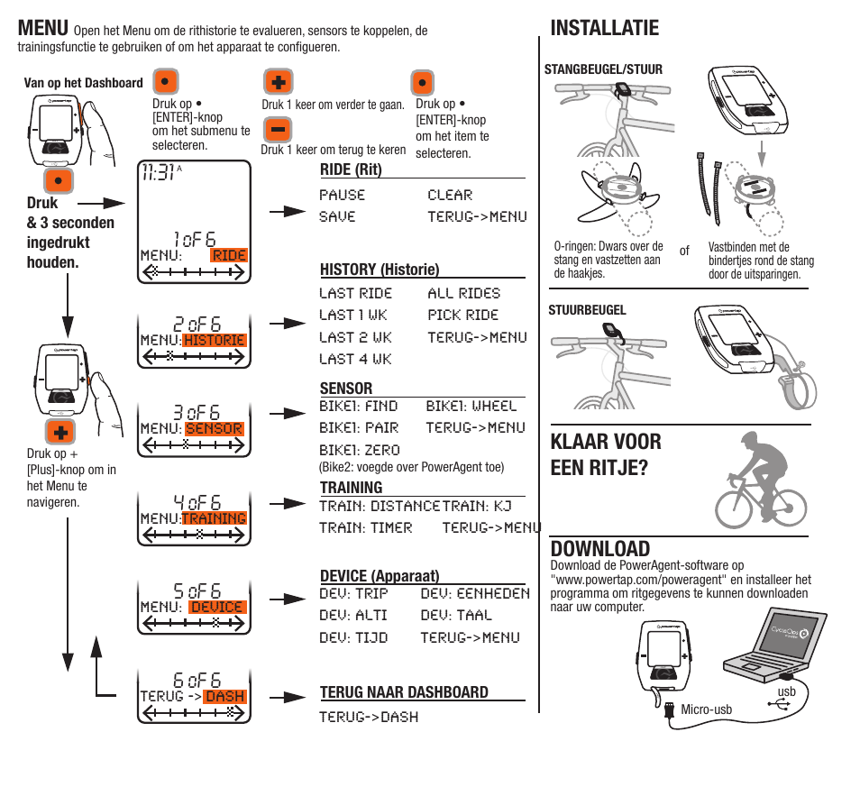 Download, Installatie, Menu | Klaar voor een ritje, 1 of 6, 2 of 6, 4 of 6, 3 of 6, 5 of 6, 6 of 6 | PowerTap Joule Quick Start User Manual | Page 24 / 24