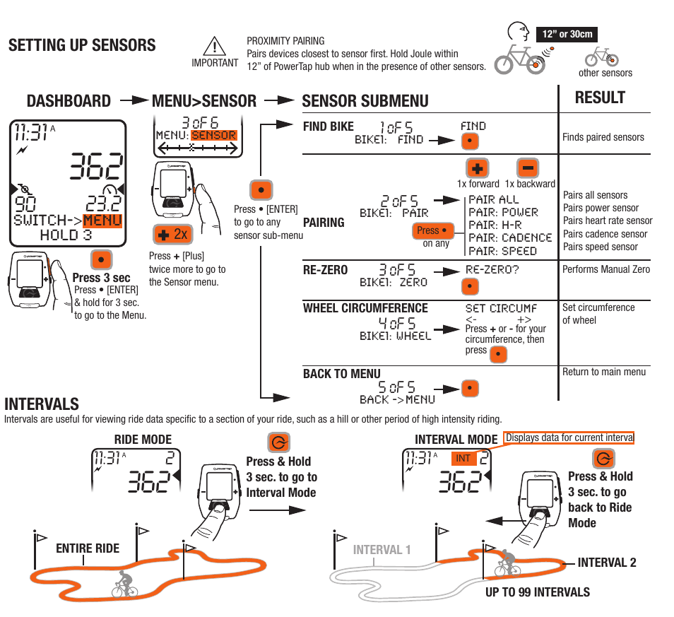 Intervals, Setting up sensors, Dashboard menu>sensor sensor submenu result | Menu, Switch->menu hold 3 | PowerTap Joule Quick Start User Manual | Page 3 / 24