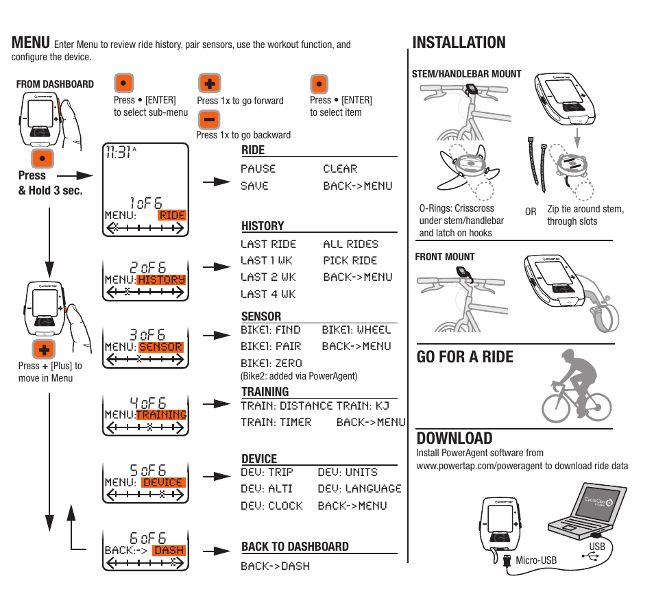 Download, Installation, Menu | Go for a ride, 1 of 6, 2 of 6, 4 of 6, 3 of 6, 5 of 6, 6 of 6 | PowerTap Joule Quick Start User Manual | Page 4 / 24