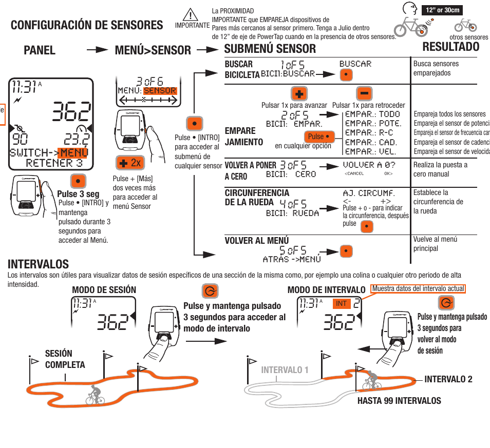 Intervalos, Configuración de sensores, Panel menú>sensor submenú sensor resultado | Menú, Switch->menú retener 3 | PowerTap Joule Quick Start User Manual | Page 7 / 24