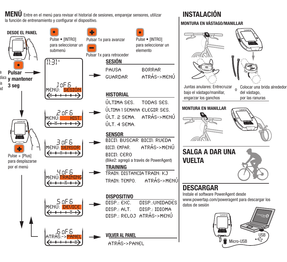 Descargar, Instalación, Menú | Salga a dar una vuelta, 1 of 6, 2 of 6, 4 of 6, 3 of 6, 5 of 6, 6 of 6 | PowerTap Joule Quick Start User Manual | Page 8 / 24