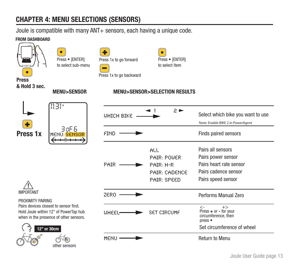Chapter 4: menu selections (sensors), Press 1x, 3 of 6 | PowerTap Joule 2012 User Guide User Manual | Page 13 / 17