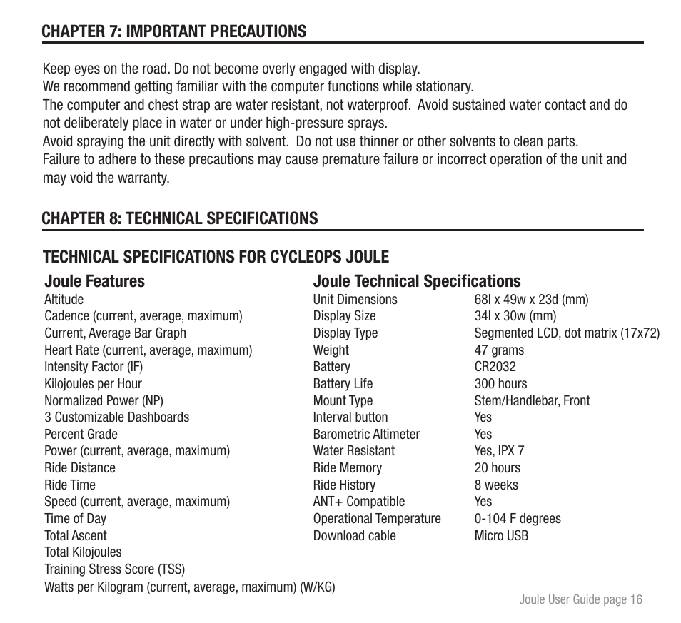 Chapter 7: important precautions, Joule technical specifications | PowerTap Joule 2012 User Guide User Manual | Page 16 / 17