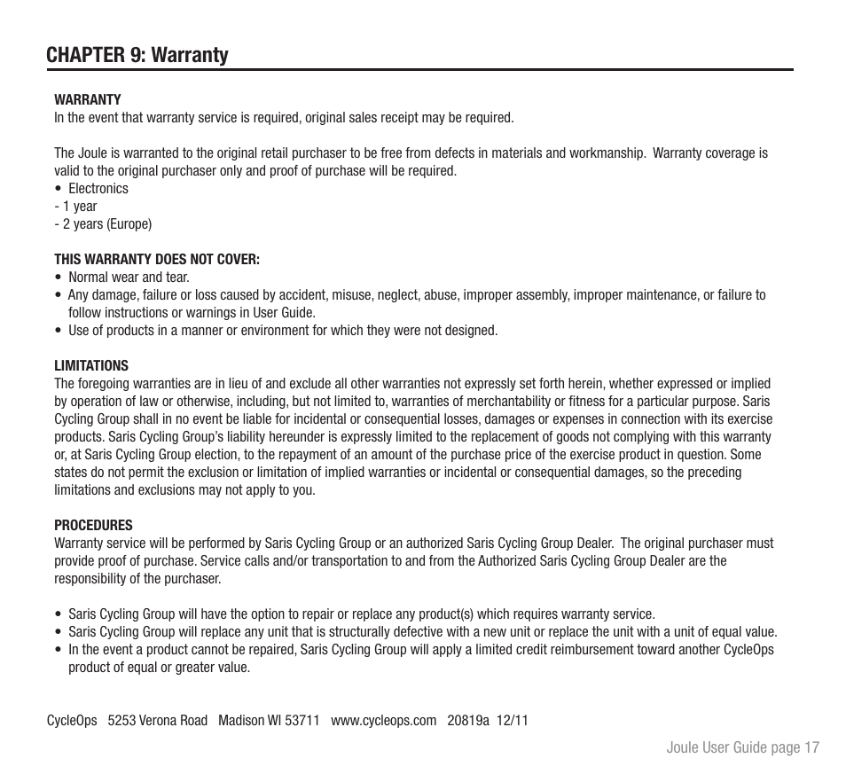 Chapter 9: warranty | PowerTap Joule 2012 User Guide User Manual | Page 17 / 17