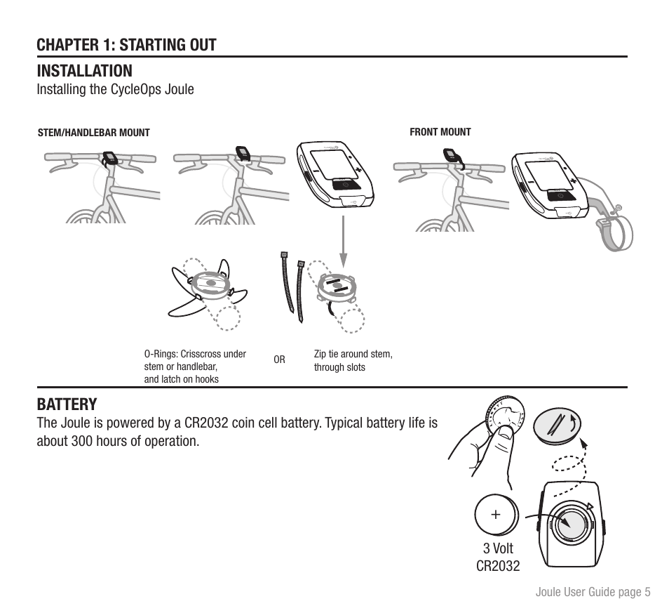 Installation, Battery, Chapter 1: starting out | Installing the cycleops joule | PowerTap Joule 2012 User Guide User Manual | Page 5 / 17