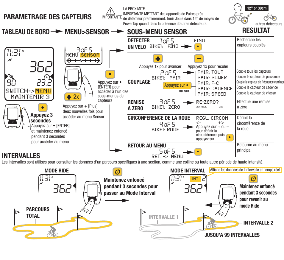 Intervalles, Parametrage des capteurs, Menu | Switch->menu maintenir 3, 3 of 6, 1 of 5, 2 of 5, 3 of 5, 4 of 5, 5 of 5 | PowerTap Joule 2012 Quick Start User Manual | Page 11 / 24