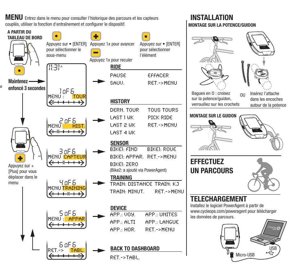 Telechargement, Installation, Menu | Effectuez un parcours, 1 of 6, 2 of 6, 4 of 6, 3 of 6, 5 of 6, 6 of 6 | PowerTap Joule 2012 Quick Start User Manual | Page 12 / 24
