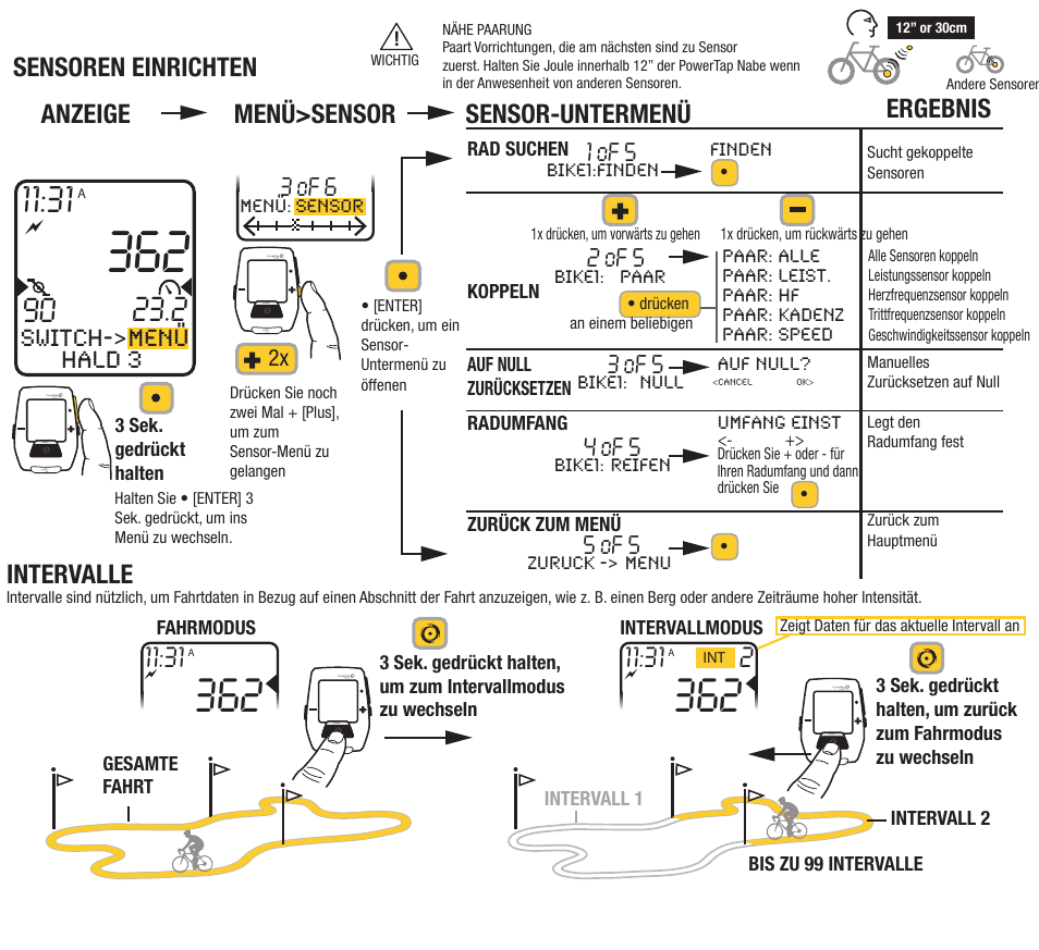 Intervalle, Sensoren einrichten, Anzeige menü>sensor sensor-untermenü ergebnis | Menü, Switch->menü hald 3 | PowerTap Joule 2012 Quick Start User Manual | Page 15 / 24
