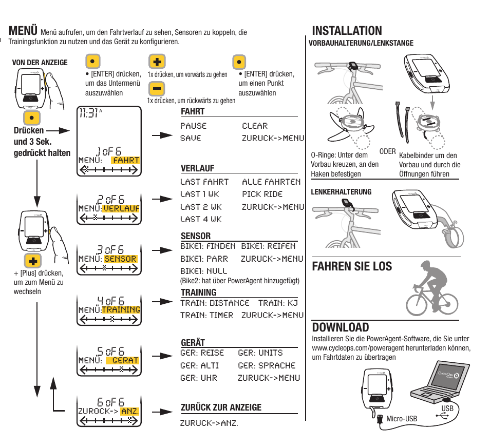 Download, Installation, Menü | Fahren sie los, 1 of 6, 2 of 6, 4 of 6, 3 of 6, 5 of 6, 6 of 6 | PowerTap Joule 2012 Quick Start User Manual | Page 16 / 24