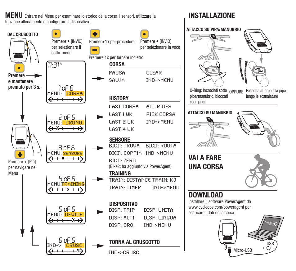 Download, Installazione, Menu | Vai a fare una corsa, 1 of 6, 2 of 6, 4 of 6, 3 of 6, 5 of 6, 6 of 6 | PowerTap Joule 2012 Quick Start User Manual | Page 20 / 24