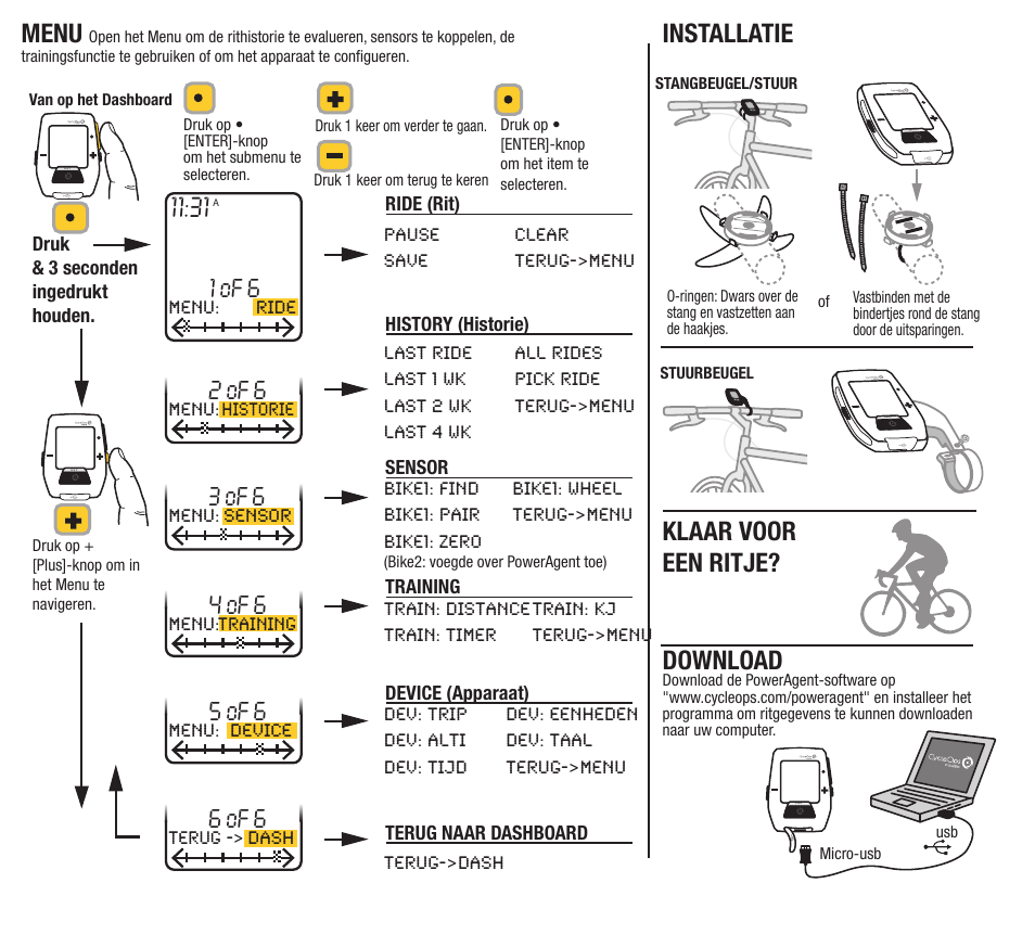 Download, Installatie, Menu | Klaar voor een ritje, 1 of 6, 2 of 6, 4 of 6, 3 of 6, 5 of 6, 6 of 6 | PowerTap Joule 2012 Quick Start User Manual | Page 24 / 24