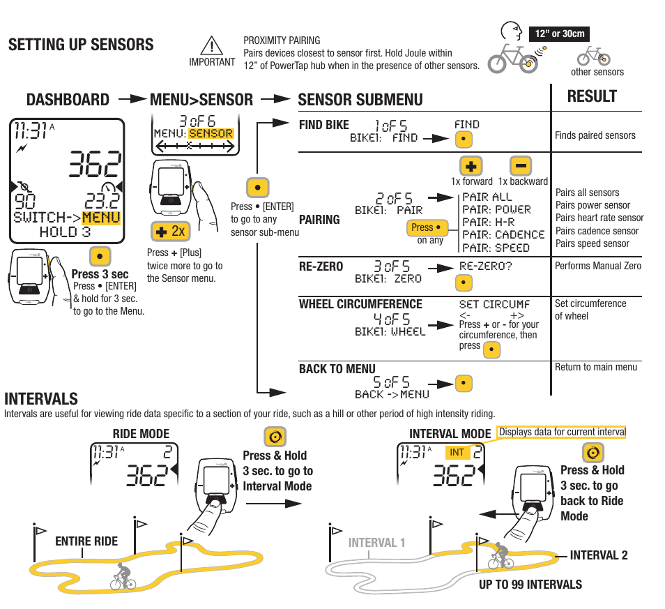 Intervals, Setting up sensors, Dashboard menu>sensor sensor submenu result | Menu, Switch->menu hold 3 | PowerTap Joule 2012 Quick Start User Manual | Page 3 / 24