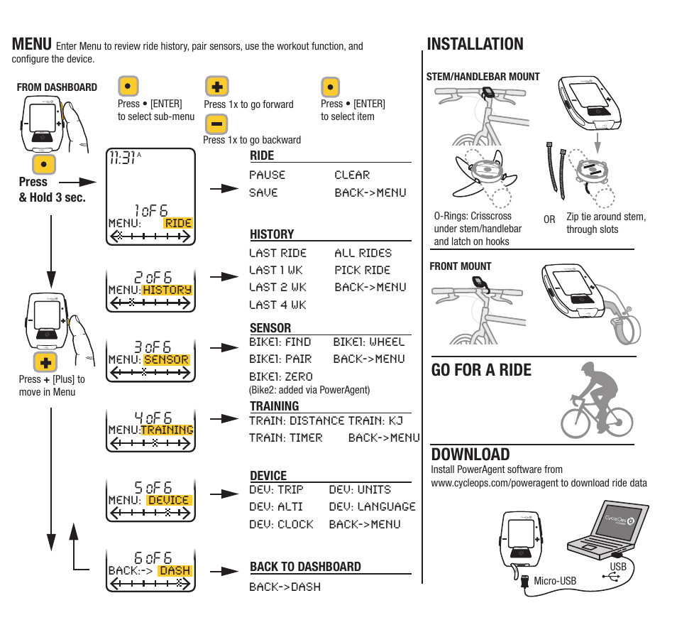 Download, Installation, Menu | Go for a ride, 1 of 6, 2 of 6, 4 of 6, 3 of 6, 5 of 6, 6 of 6 | PowerTap Joule 2012 Quick Start User Manual | Page 4 / 24