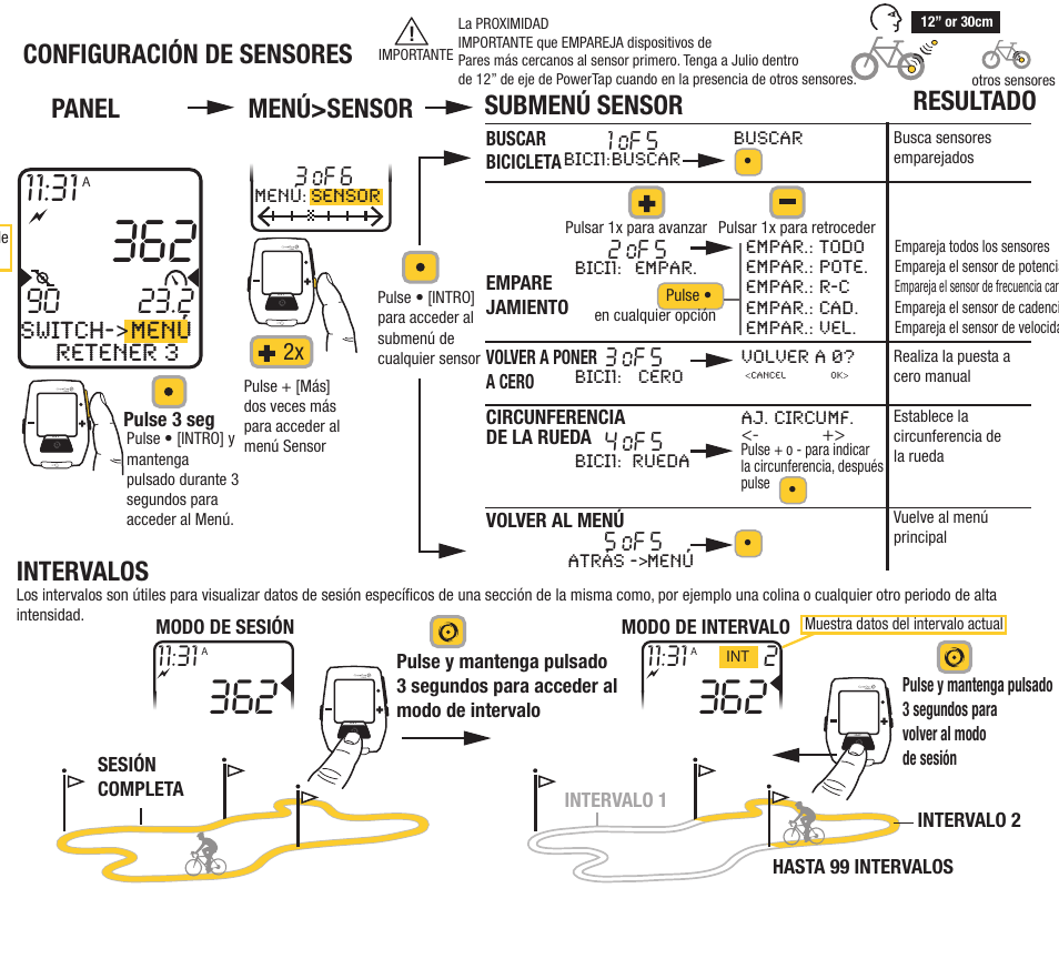 Intervalos, Configuración de sensores, Panel menú>sensor submenú sensor resultado | Menú, Switch->menú retener 3 | PowerTap Joule 2012 Quick Start User Manual | Page 7 / 24