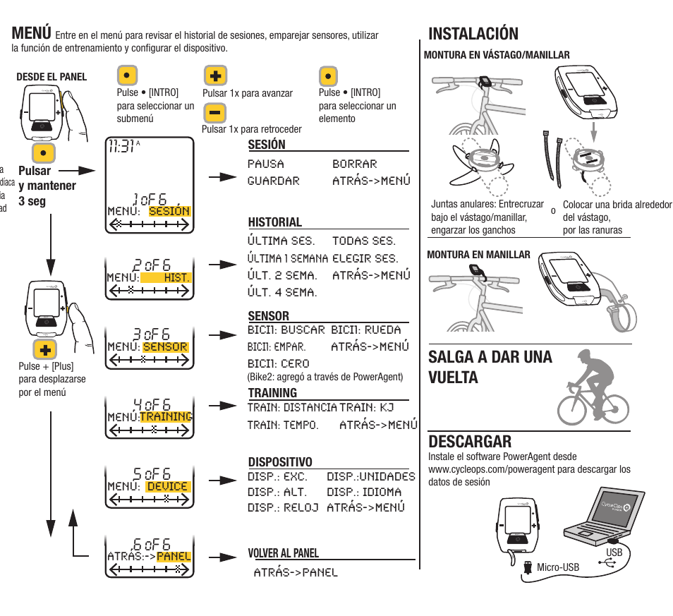 Descargar, Instalación, Menú | Salga a dar una vuelta, 1 of 6, 2 of 6, 4 of 6, 3 of 6, 5 of 6, 6 of 6 | PowerTap Joule 2012 Quick Start User Manual | Page 8 / 24