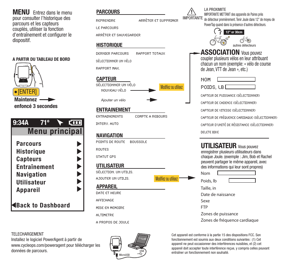 Menu principal, Menu, Association | Utilisateur, 34a 71º, Enter | PowerTap Joule GPS 2012 Quick Start User Manual | Page 12 / 24