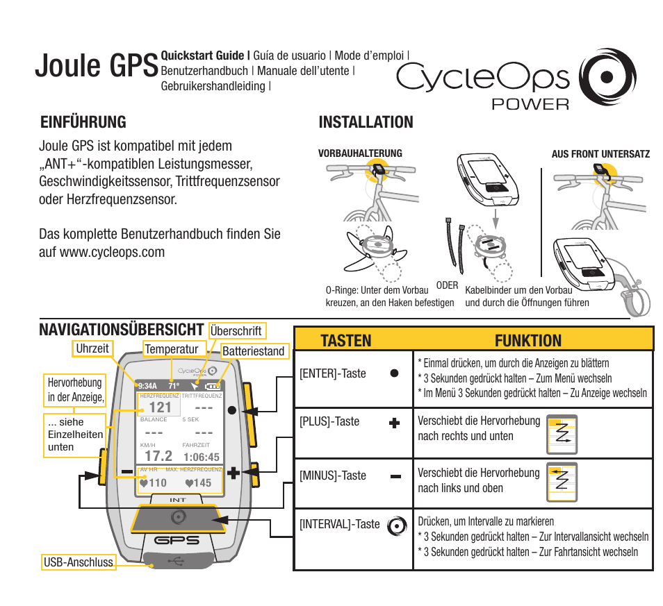 Joule gps, Installation einführung, Navigationsübersicht | Tasten funktion | PowerTap Joule GPS 2012 Quick Start User Manual | Page 13 / 24