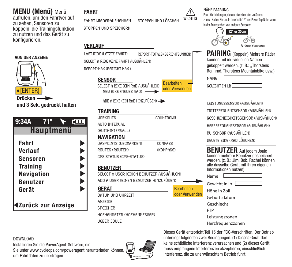 Hauptmenü, Menu (menü), Pairing | Benutzer, 34a 71º, Enter | PowerTap Joule GPS 2012 Quick Start User Manual | Page 16 / 24