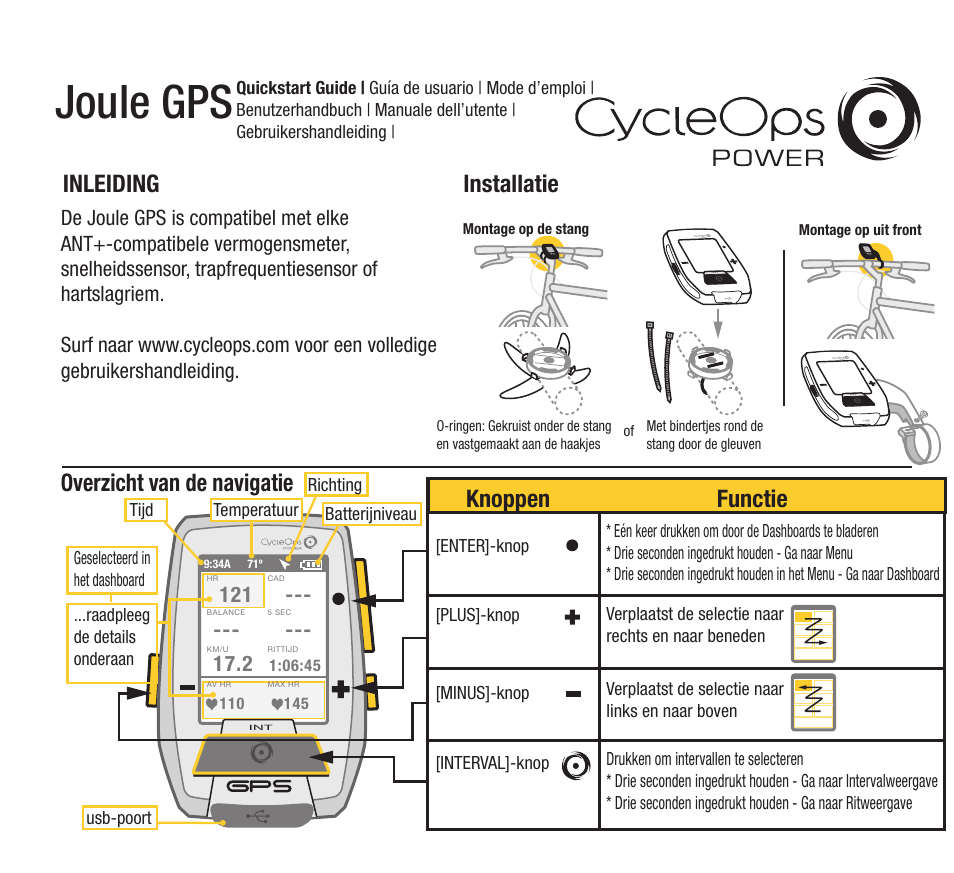 Joule gps, Installatie inleiding, Overzicht van de navigatie | Knoppen functie | PowerTap Joule GPS 2012 Quick Start User Manual | Page 17 / 24