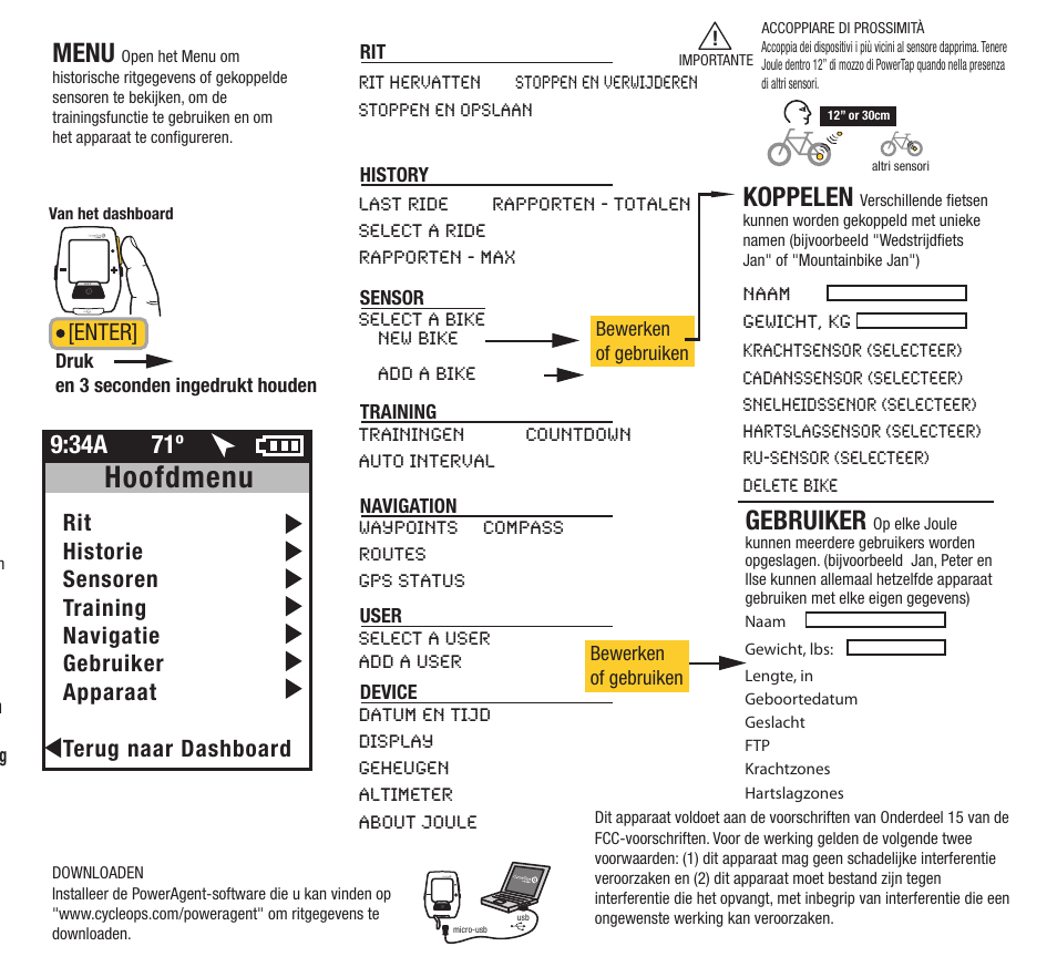 Hoofdmenu, Menu, Koppelen | Gebruiker, 34a 71º, Enter | PowerTap Joule GPS 2012 Quick Start User Manual | Page 20 / 24