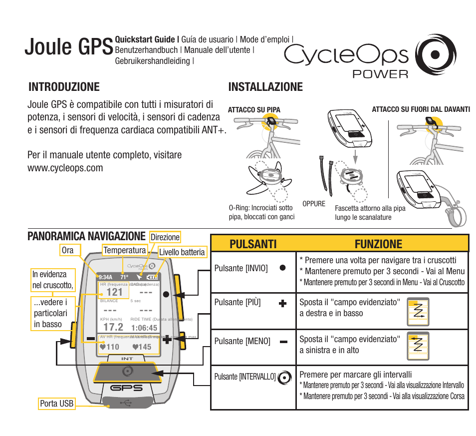 Joule gps, Installazione introduzione, Panoramica navigazione | Pulsanti funzione | PowerTap Joule GPS 2012 Quick Start User Manual | Page 21 / 24