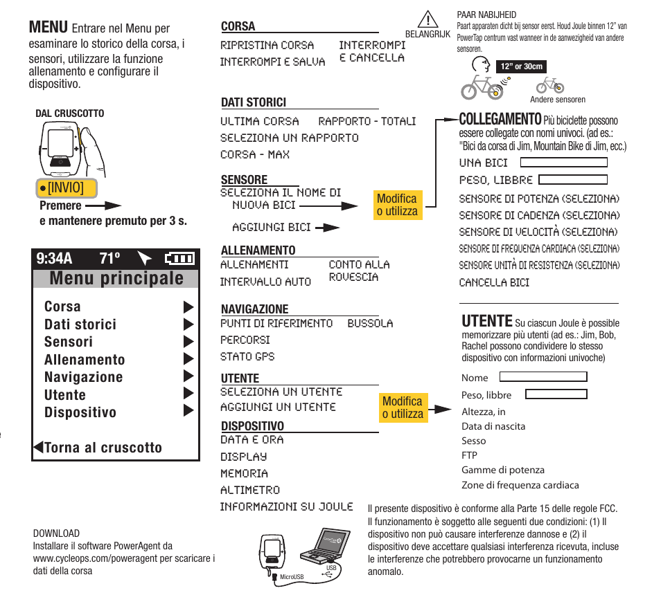 Menu principale, Menu, Collegamento | Utente, 34a 71º, Invio | PowerTap Joule GPS 2012 Quick Start User Manual | Page 24 / 24