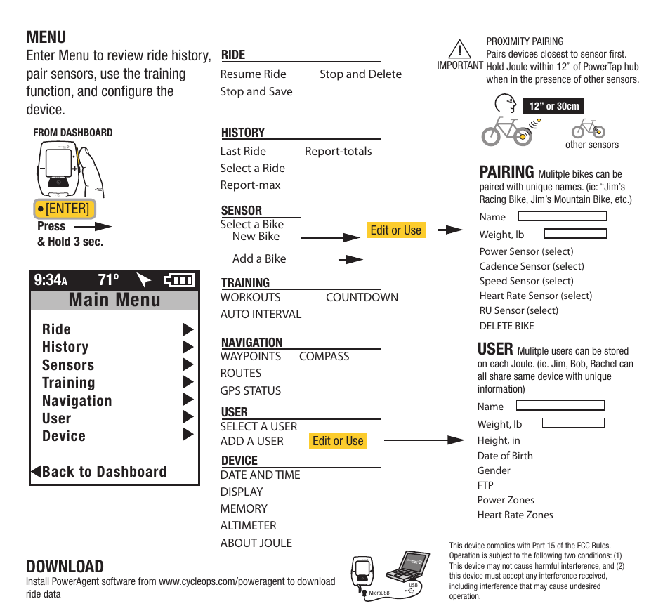 Main menu, Download, Menu | Pairing, User, Enter | PowerTap Joule GPS 2012 Quick Start User Manual | Page 4 / 24