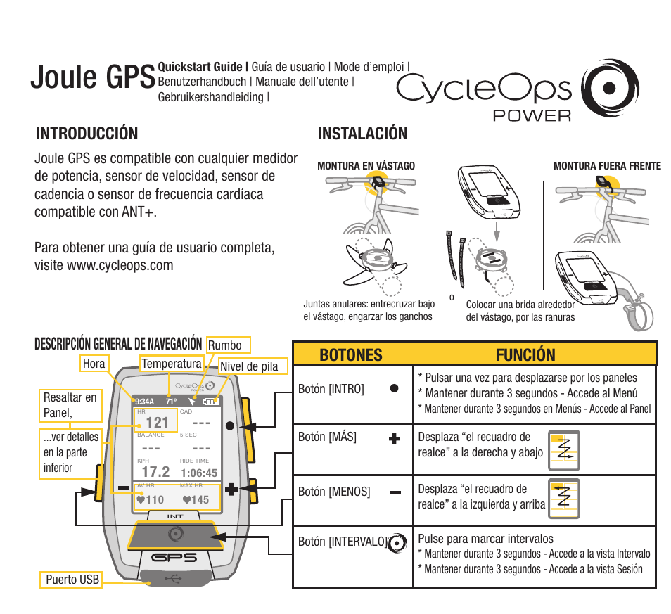 Joule gps, Instalación introducción, Descripción general de navegación | Botones función | PowerTap Joule GPS 2012 Quick Start User Manual | Page 5 / 24