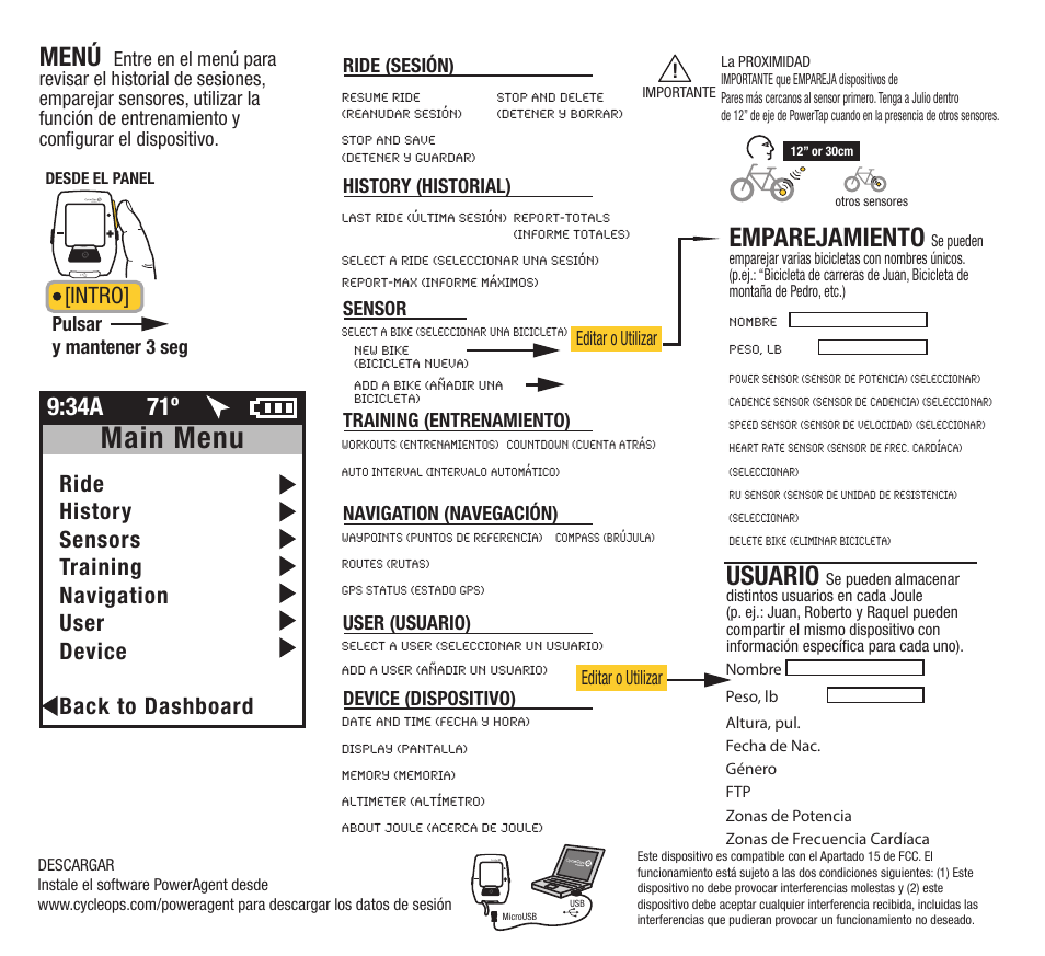 Main menu, Download, Menú | Emparejamiento, Usuario, 34a 71º, Intro | PowerTap Joule GPS 2012 Quick Start User Manual | Page 8 / 24
