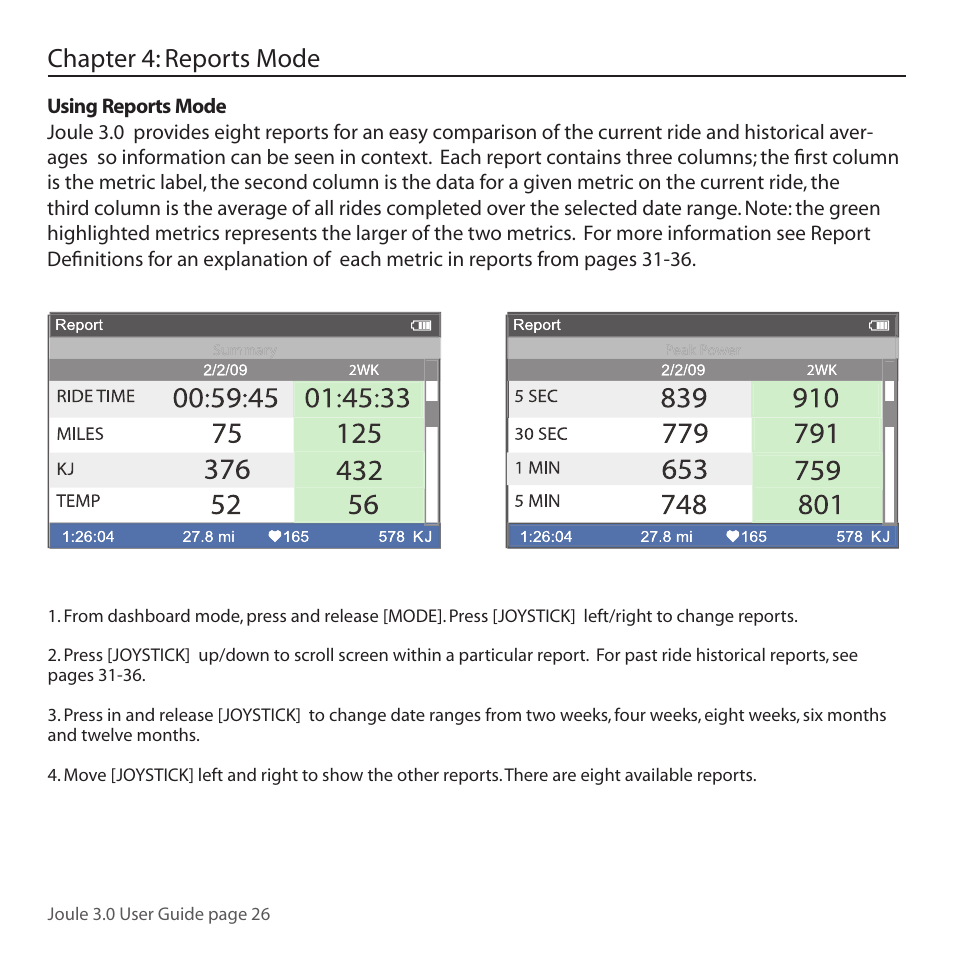Chapter 4: reports mode | PowerTap Joule 3.0 User Manual | Page 26 / 84